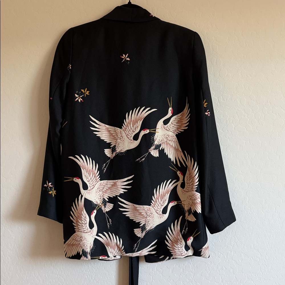 zara crane bird print blazer with sash belt Sz XS - Picture 11 of 16